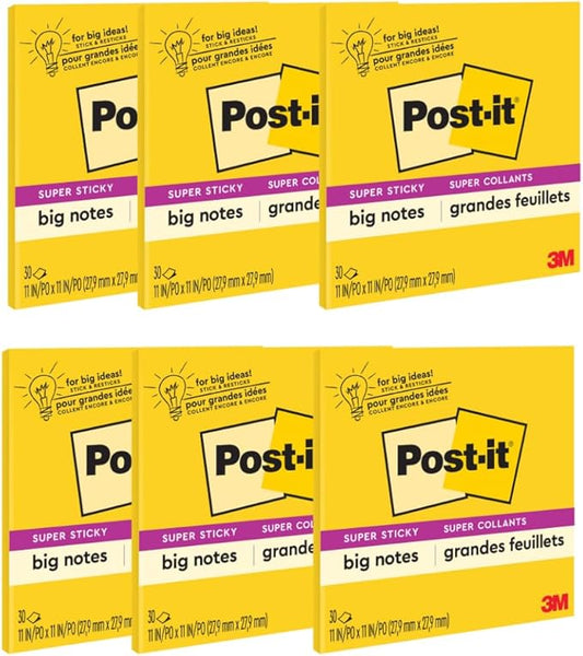 Post-it Super Sticky Big Notes, 11 in x 11 in, 1 Pad, 2X The Sticking Power, Yellow, Recyclable (BN11), 6 Pack