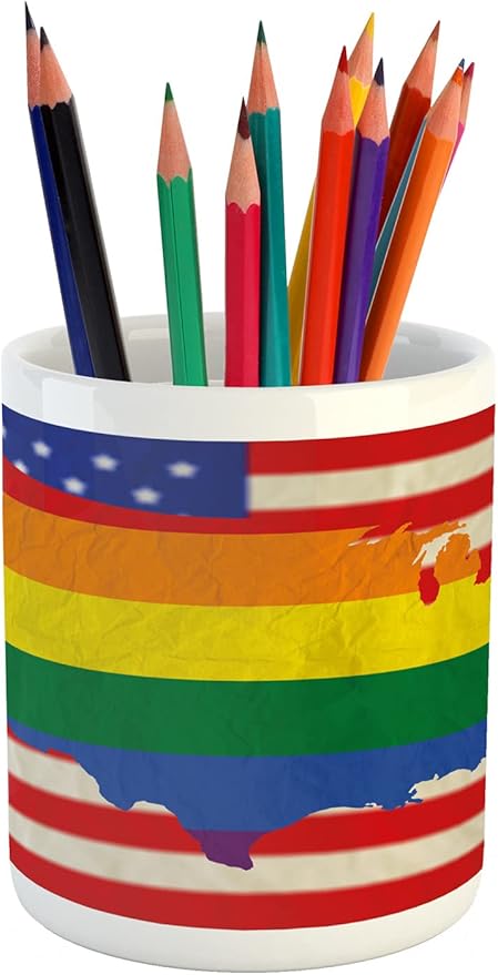Ambesonne Pride Pencil Pen Holder, USA American Flag with Rainbow Gay Marriage Nationwide Rights and Equality Theme, Ceramic Pencil Pen Holder for Desk Office Accessory, 3.6" X 3.2", Red Yellow