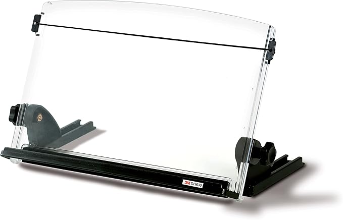 3M Adjustable Document Copy Holder, In-line with Monitor Minimizing Head and Neck Movement, 150 Sheet Capacity Holds Sheets to Books, Elastic Line Guide Keeps Pages Open, 14" Wide, Black (DH630) - Black/Clear