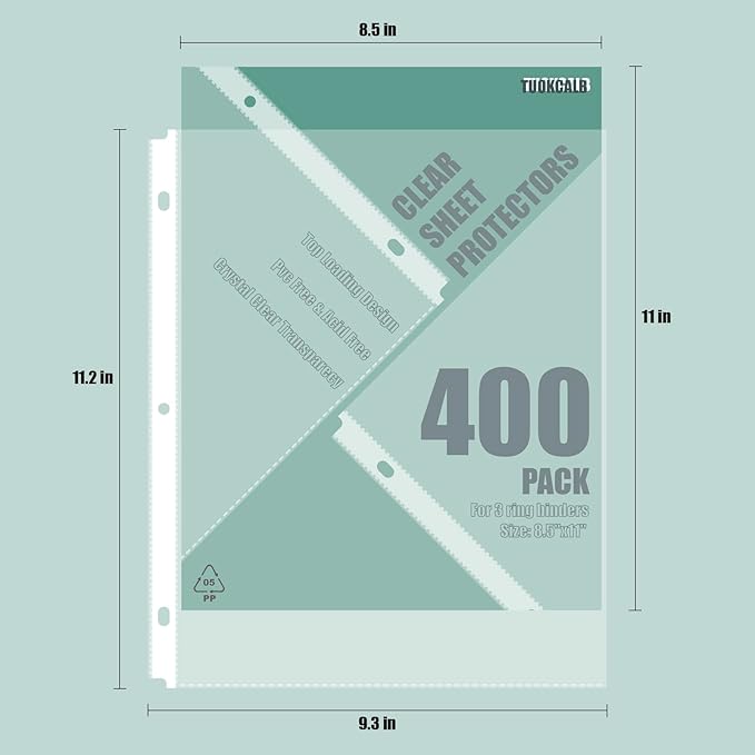 400 Pack Clear Sheet Protectors for 3 Ring Binder, Polypropylene Acid-Free Material, 8.5 x 11 Inch Letter Size, Protector of Your Documents