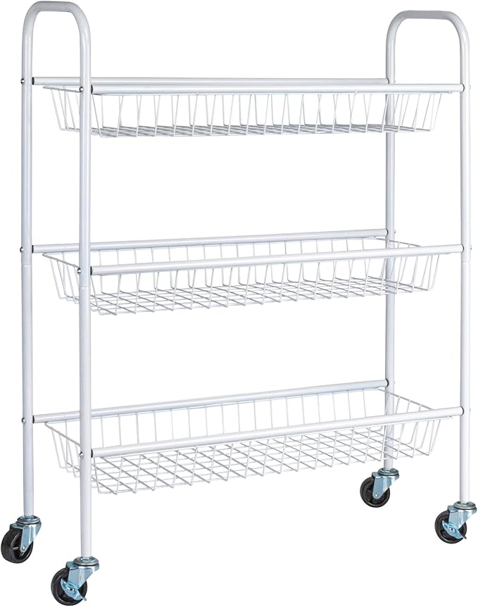 Household Essentials 3-Tier Slim Storage Cart, Heavy-Duty Steel Frame, Smooth Casters with Locks, Powder Coat Finish, Arched Handles, Easy to Assemble, Modern, Compact, White
