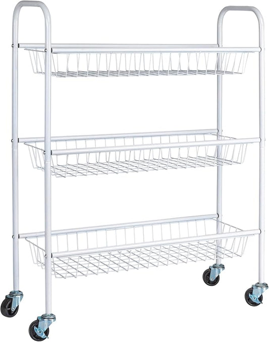 Household Essentials 3-Tier Slim Storage Cart, Heavy-Duty Steel Frame, Smooth Casters with Locks, Powder Coat Finish, Arched Handles, Easy to Assemble, Modern, Compact, White