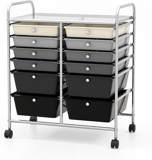 COSTWAY 12-Drawer Rolling Storage Cart, Moveable Art Craft Organizer W/Lockable Wheels, Metal Shelf, Files Arrangement Tools Makeup Storage Cart for Office, Home, School, Mixed Black