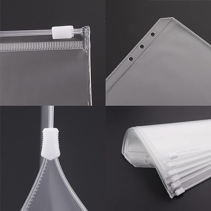 Antner 12PCS A5 Binder Pockets 6 Holes Budget Cash Envelopes for Budgeting, Clear Zipper Folders Planner Inserts Loose Leaf Bags Binder, Waterproof PVC Document Pouch Filing