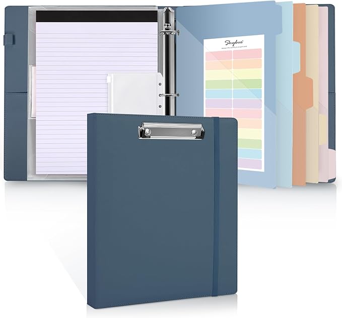 SKYDUE 3 Ring Binder with Clipboard 1 Inch, 13.2" × 10.2" PU Clipboard Binder with Notepad & 5 Dividers with 5 Pockets, Labels, Clipboard Folder Great for School Office(Fit Letter Sized Paper)