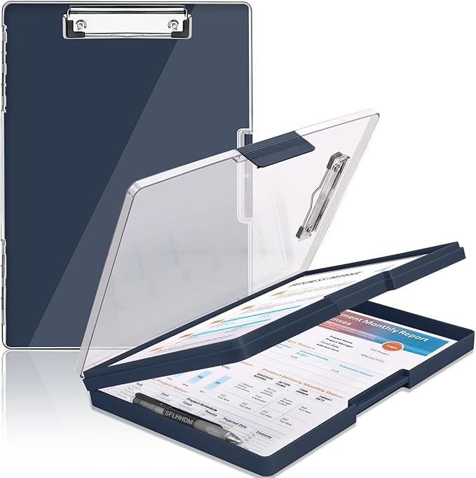 SFLHHDM Clipboard with Storage,Heavy Duty Clip Boards 8.5x11 with 2 Storage Case,Clear Visible Panel Storage Clipboards,Side Opening Nursing Clipboard Folder for Office Supplies-Grey Blue