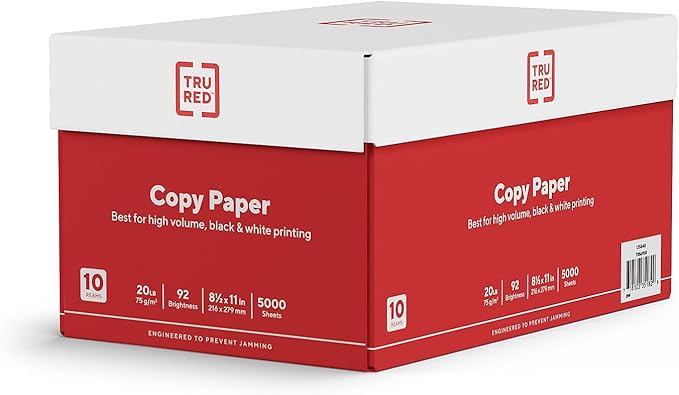 TRU RED Copy Paper 8.5x11 Inch, 20lb Weight, 92 Brightness, 5000 Sheets (10 Reams), Multipurpose White Printer Paper for Laser, Inkjet & Copier