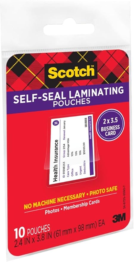 Scotch Repositionable Self-Sealing Laminating Pouches, Business Card Size (2.4″ x 3.8″) – 10 Pack, Adjustable Cold Lamination for Cards & Badges