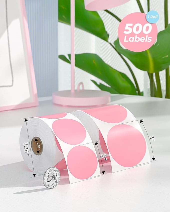 MUNBYN 2.25"x1.25" Pink Thermal Labels + 3" Pink Circle Thermal Stickers, 1000 Labels