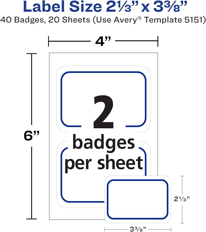 Avery Flexible Printable Name Tags, 2-1/3" x 3-3/8", White with Blue Border, 40 Removable Name Badges (05151)