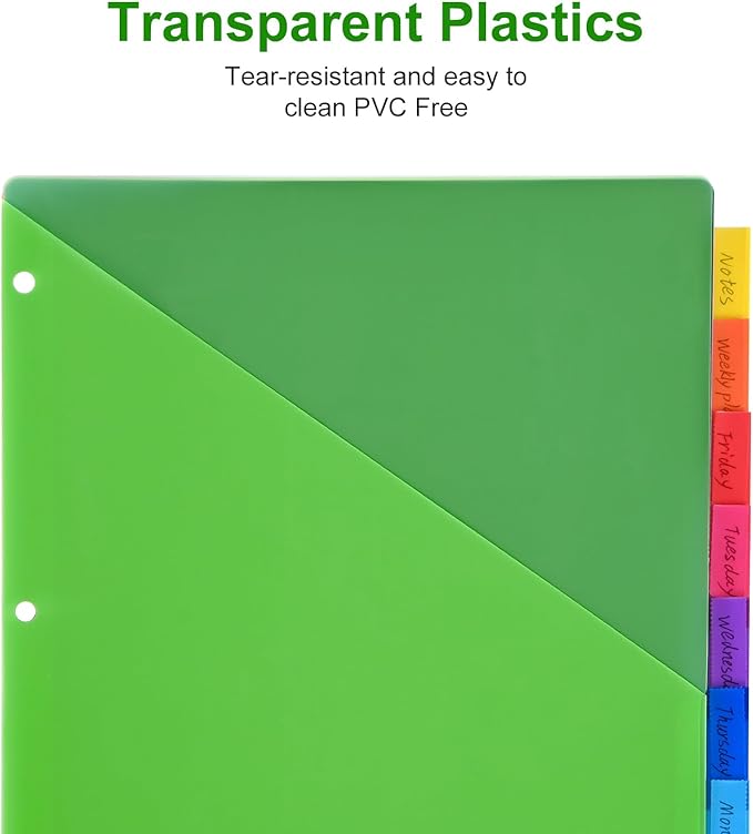 8-Tab Binder Dividers - Index Pockets Divider for 3 Ring Binders, 3-Hole Plastics Sheets Protectors for US Letter Size in 0.5'', 1'', 2'', 3 inch Binders, 8 Colors (XY004) (1 Pack)