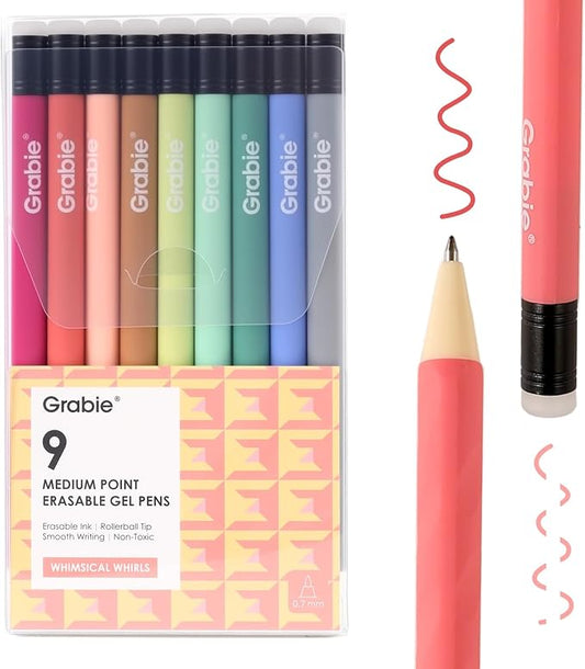 Grabie Erasable Gel Pens, 9 Colors Erasable Pens Multicolor, Make Mistakes Disappear, 0.7mm Medium Point Rollerball Tip Colored Pens for Drawing Writing Planner, Smooth Writing (Whimsical Whirls)