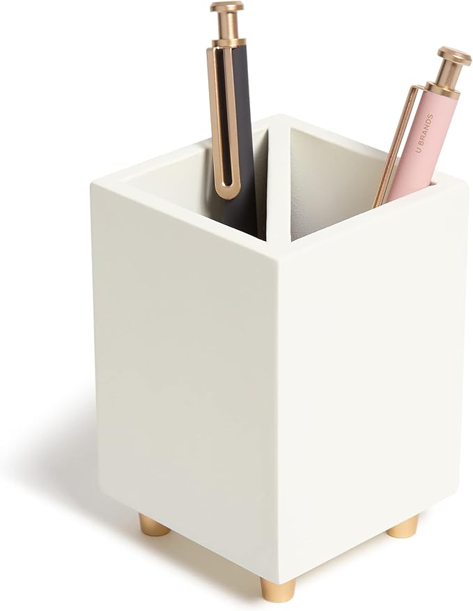 U Brands Juliet Pencil Cup, Office Organization Supplies, White and Gold, 1 Count
