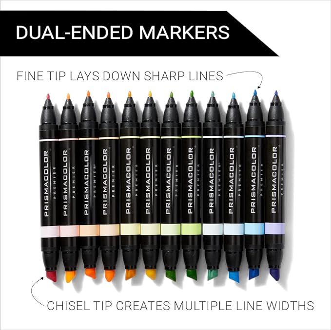 Prismacolor Premier Dual-Ended Art Markers Chisel and Fine Tips Pastel Colors 12 Count Set Ideal for Adult Coloring Books