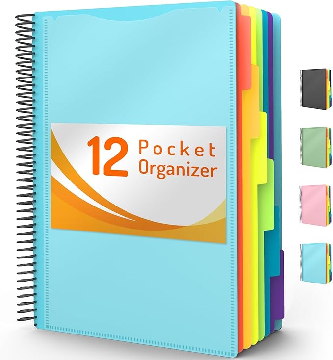 Forvencer 12 Pocket Project Organizer, 1/6-cut Tab Binder Organizer with Sticky Labels, Multi Pocket Folder with Zipper Pouch, Folder Binder Spiral Pocket Notebook, Office Supplies, Letter Size, Blue