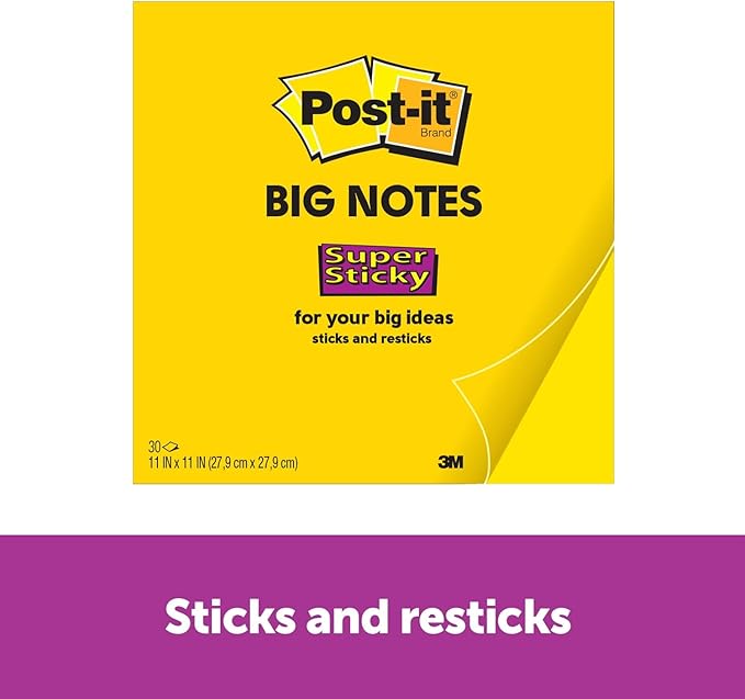 Post-it Super Sticky Big Notes, 11 in x 11 in, 1 Pad, 2X The Sticking Power, Yellow, Recyclable (BN11), 6 Pack