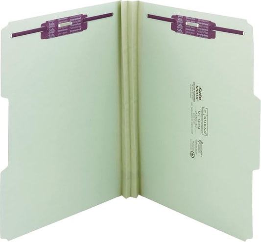 Smead Pressboard Fastener File Folder with SafeSHIELD Fasteners, 2 Fasteners, 1/3-Cut Tab, 2" Expansion, Letter Size, Gray/Green, 25 per Box (14934)