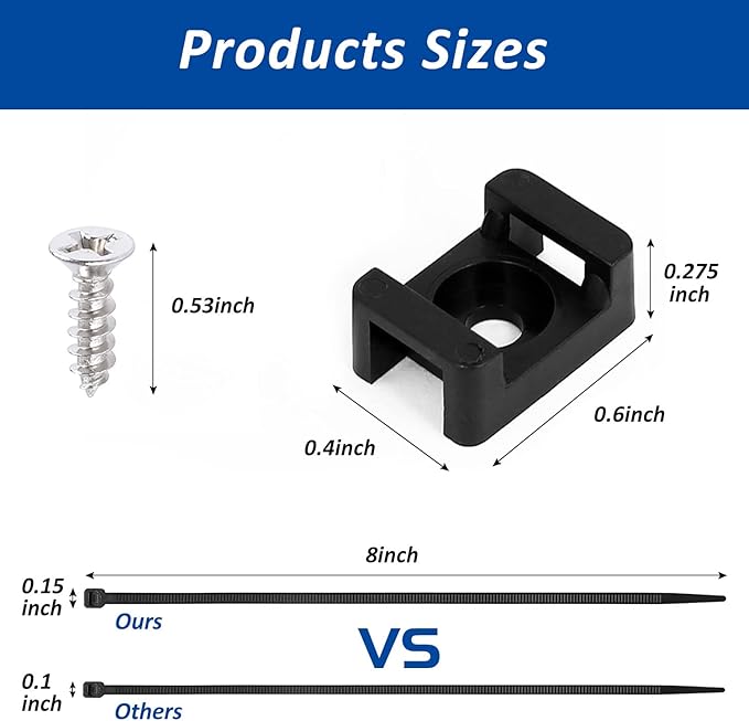 Cable Zip Tie Mounts Kit - 60 Set Wire Cable Clips Organizer Holders with 8" Cable Ties, Saddle Type Mounts Base and Tapping Screw, Black