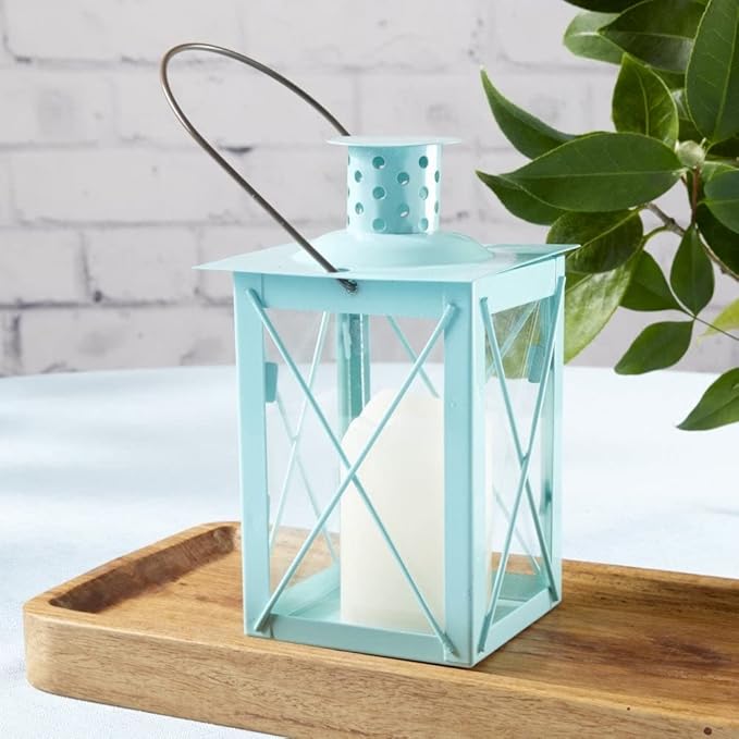 Kate Aspen Medium Decorative Lanterns - Set of 2 - Luminous Blue Metal Lantern Tealight Candle Holders Centerpieces for Wedding, Home Decor and Party - 6.3" H (8.9" H with Handle)