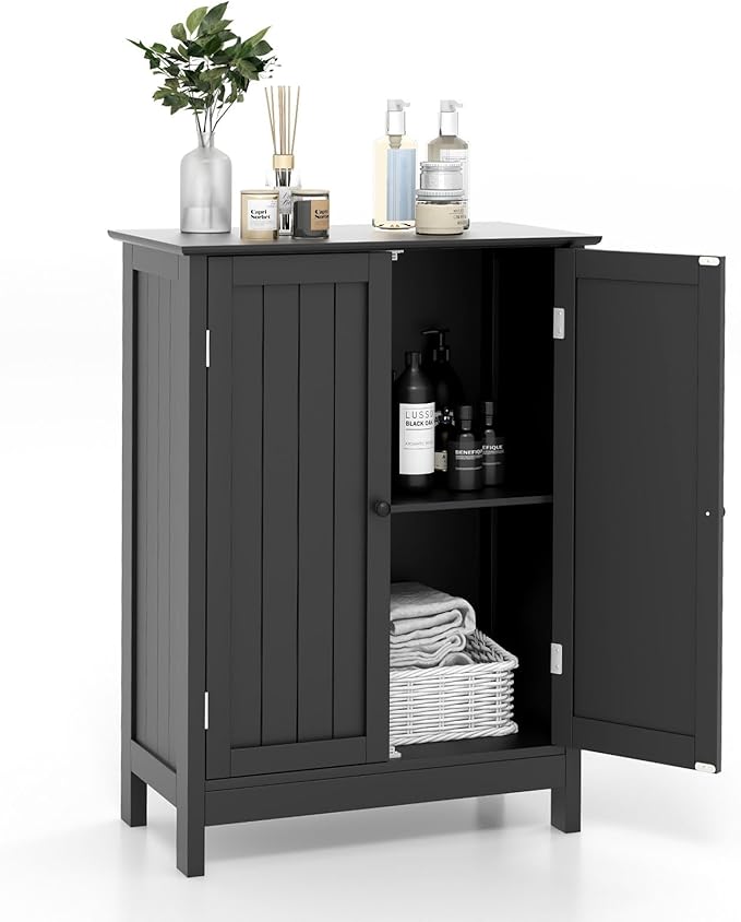 COSTWAY Bathroom Storage Cabinet, Freestanding Bathroom Organizers and Storage with Doors & Adjustable Shelf, Wooden Floor Cabinet for Home, Living Room, Entryway, Kitchen (Black)