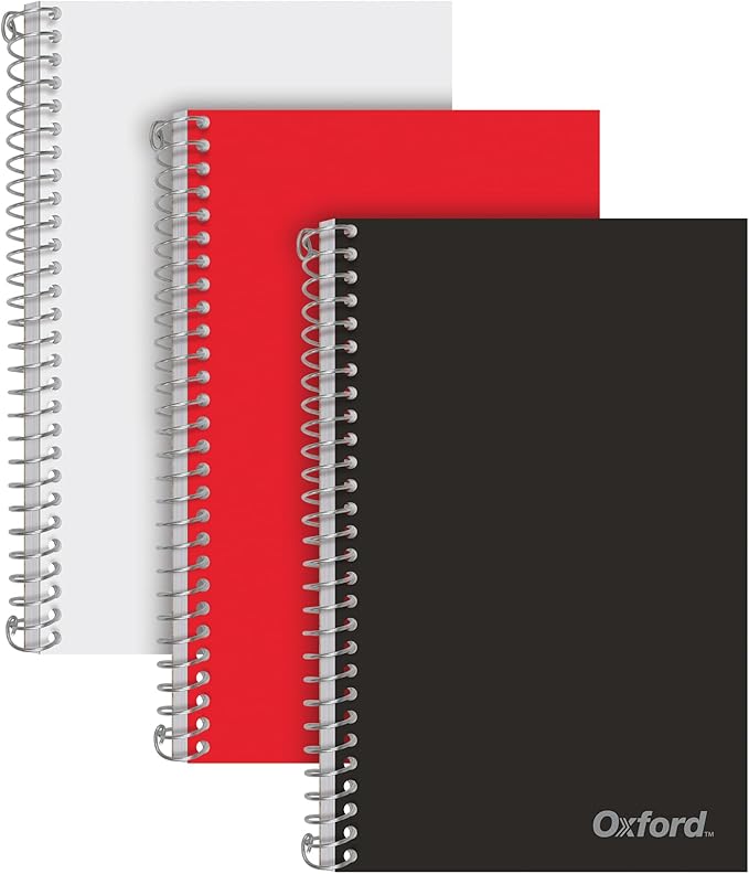Oxford Two Subject Notebooks College Ruled, Spiral Notebook 6x9 1/2" 100 Sheets, 3 Pack of College Ruled Notebook With Pockets, Poly Cover, Red, White, and Black