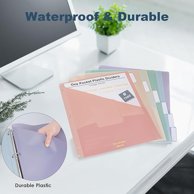 6 Tabs Binder Dividers with Pockets, Binder Dividers with Tabs for 3 Ring Binder Letter Size, Durable Plastic Binder Organizer, Vintage, 1 Set