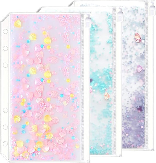 3 Pack A6 6 Holes Binder Pockets Plastic Binder Zipper Folders Waterproof 6 Holes Zipper Loose Leaf Bags Zip Lock Envelope for Documents Notebooks Cards (Sequins Decorate Zip Pocket, A6)