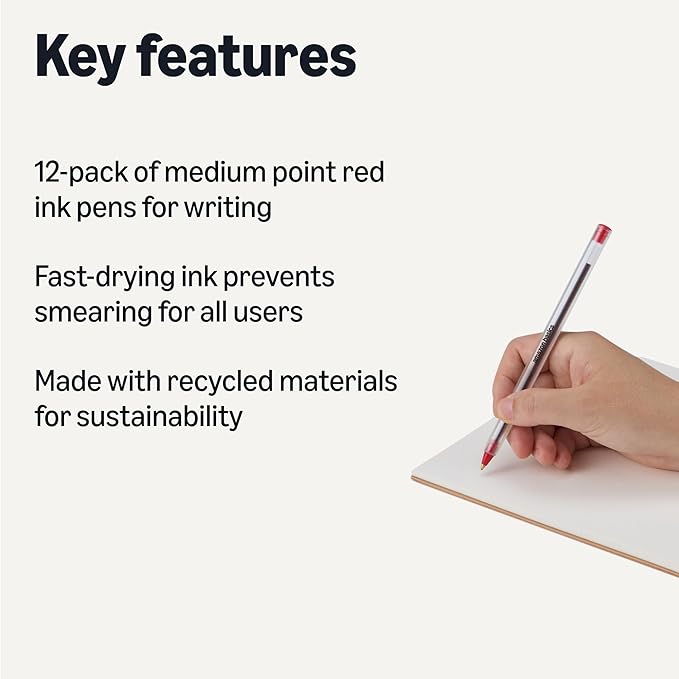Amazon Basics Ballpoint Pens, Medium Point 1.0mm, Red Ink, 12-Pack