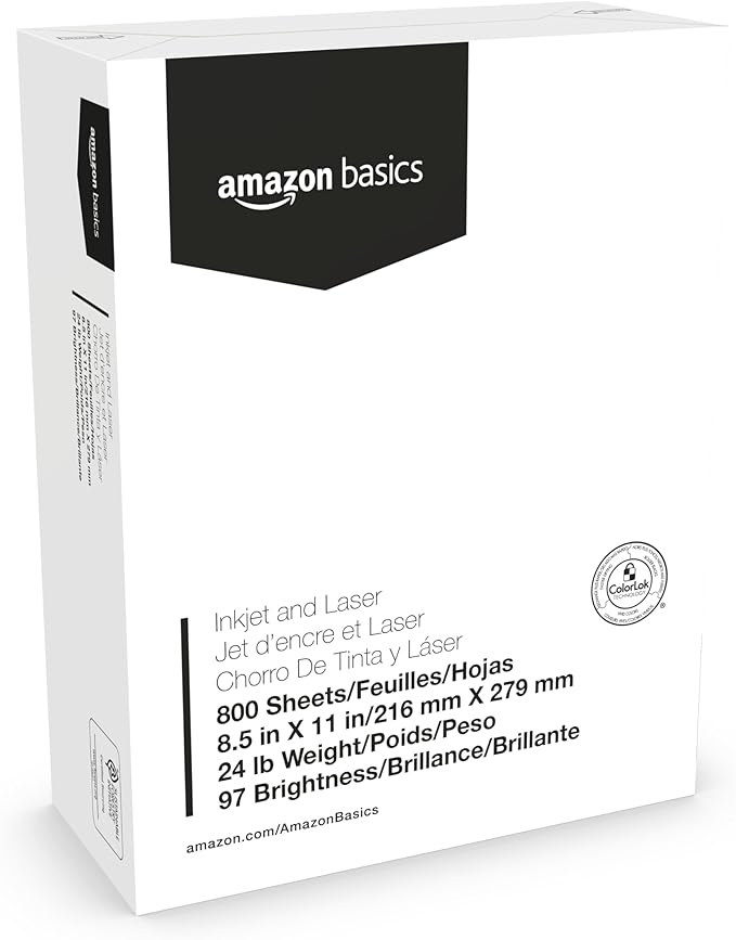 Amazon Basics Multipurpose Copy Printer Paper, 8.5 x 11 Inches, 24 lb Weight, 97 Brightness, White, 800 Sheets (1 Mega Ream), for Inkjet and Laser, Copy & Print