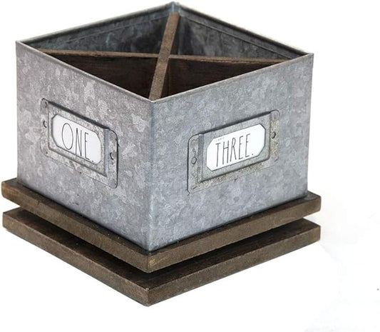 Rae Dunn Rotating Decorative Pencil Cup – Galvanized Steel Desktop Stationary Spinner Holder - 4 Compartment Table Top Organizer for Pens, Office, Home and Art Supplies by Designstyles