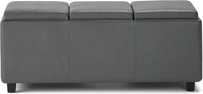 SIMPLIHOME Avalon Storage Ottoman - 42 inch Wide Upholstered Vegan Leather Rectangular Flip-Top Ottoman in Stone Grey, Contemporary Coffee Table Ottoman for Living Room with Hidden Storage
