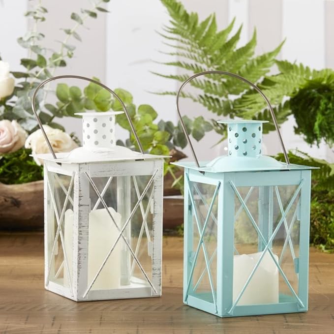 Kate Aspen Medium Decorative Lanterns - Set of 6 - Luminous Blue Metal Lantern Tealight Candle Holders Centerpieces for Wedding, Home Decor and Party - 6.3" H (8.9" H with Handle)