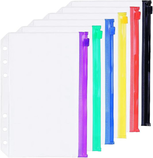 6 Pack A5 6 Holes Binder Zip Pockets Plastic Binder Zipper Folders Waterproof 6 Holes Zipper Loose Leaf Bags Zip Lock Envelope for Documents Notebooks Cards (6 Color Zip Pocket, A5)