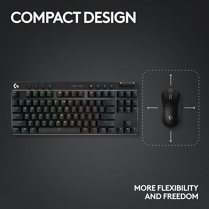 Logitech G PRO X TKL Lightspeed Wireless Gaming Keyboard, Ultra-Portable Tenkeyless Design, LIGHTSYNC RGB, PBT keycaps, Clicky Switches (GX Blue) - Black