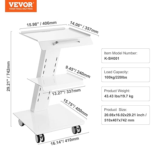 VEVOR Lab Trolley, Rolling Lab Cart with Built-in Socket, 3-Layer Metal Mobile Trolley, Tray Rolling Clinic Cart with Swivel Wheels, 220 lbs Weight Capacity, for Lab, Clinic, Beauty and Salon