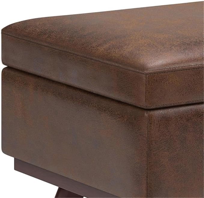 SIMPLIHOME Owen Lift Top Coffee Table Storage Ottoman - 42 inch Wide Upholstered Vegan Leather Rectangular Lift-Top Ottoman in Distressed Chestnut Brown, Mid-Century Modern Ottoman for Living Room