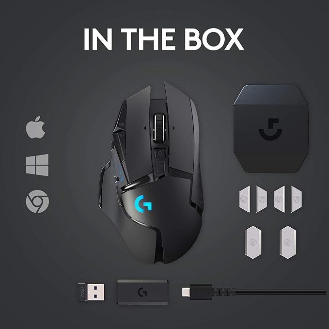 Logitech G502 Lightspeed Wireless Gaming Mouse with Hero 16K Sensor, PowerPlay Compatible, Tunable Weights and Lightsync RGB - Black (Renewed)