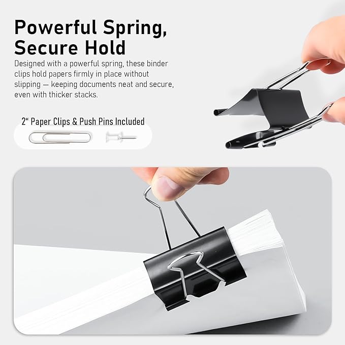 408 PCS Binder Clips Paper Clamps Assorted Sizes and Push Pins, Binding Paperwork Clamp Bulk, School Teachers Office Supplies (Black)