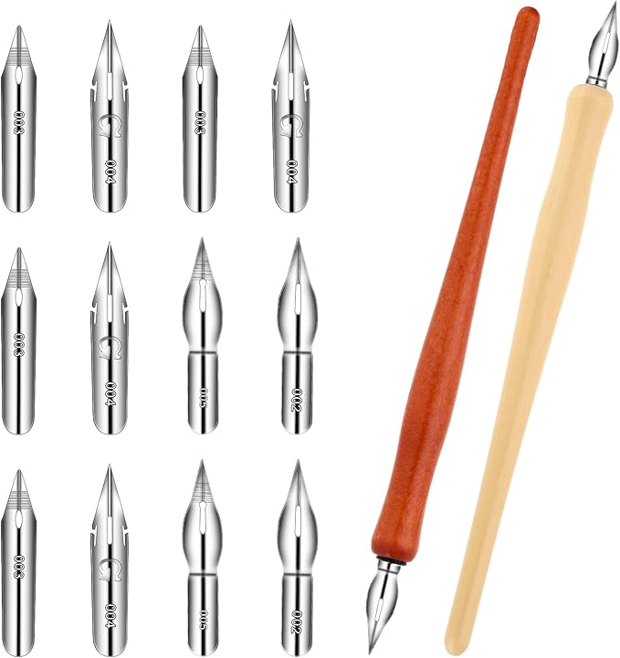14 Pcs Dip Pen Set Nib Pen Holder Comic Pen Nib Set G Pen Ink Nib Calligraphy Pen Nibs Wooden Drawing Pen Holder with Stainless Steel Pen Nibs Dip Pens for Writing, Painting, Signing