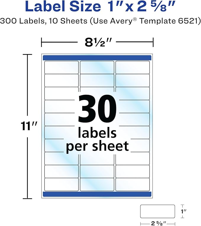 Avery Printable Address Labels with Sure Feed, 1" x 2-5/8", Glossy Clear, 300 Blank Mailing Labels for Laser and Inkjet Printers (6521)