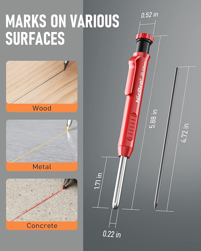 Nicpro Carpenter Pencil with Sharpener, Mechanical Pencils Set with 26 Refills, Deep Hole Marker for Construction, Heavy Duty Woodworking Tools for Architect (Black, Red) - With Case