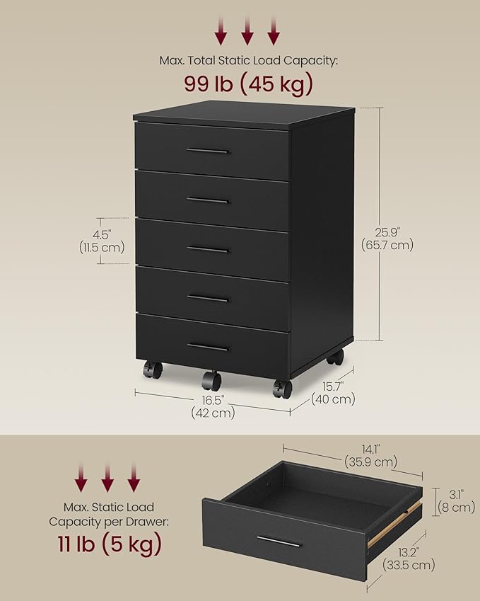 VASAGLE File Cabinet, Mobile Pedestal Filing Cabinet with Wheels, Printer Stand with 5 Drawers, Tool-Free Sliding Rails, for Study, Home Office, Ink Black UOFC081BC02