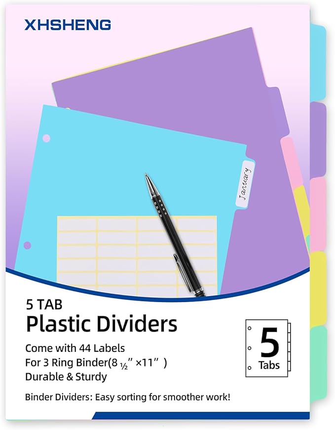 5 Tab Binder Dividers with Tabs,for 3 Ring Binder,Plastic File Dividers, Multicolor,Letter Size,3 Sets