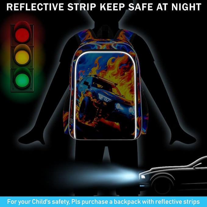 KLFVB 3PCS School Backpack Set, 17" Boys Truck Bookbag and Lunch Box, Water Resistant School Backpacks for Teenagers Middle Elementary - Flame Truck