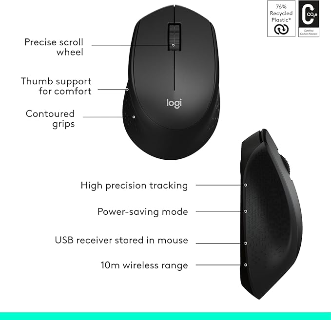Logitech MK345 Wireless Keyboard and Mouse Combo | Palm Rest | 2.4 GHz | USB Receiver | Black