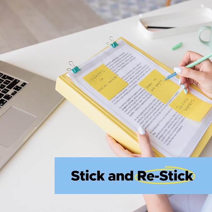 Post-it 100% Recycled Paper Super Sticky Notes, Canary Yellow, 3 in. x 3 in., 24 Sticky Note Pads, 70 Sheets per Pad, New Year Organization or Second Semester School Supplies