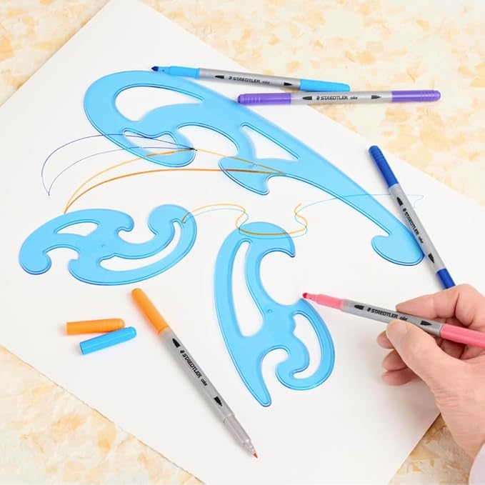 STAEDTLER Mars Professional French Curve Design Ruler Set for Pattern Making 6-Pack (6 Sets of 3 pcs), 3 Essential A B C Shapes, Blue Transparent Plastic with Inking Edge, 18 Count