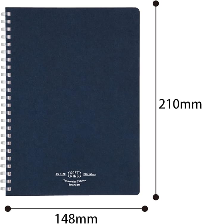Kokuyo D Shaped Soft Ring Notebook, 7mm Rule, 25 Lines, 80 Sheets, A5, Natural Style, Set of Black, Beige, Navy, Japan Import (SU-SV638A)