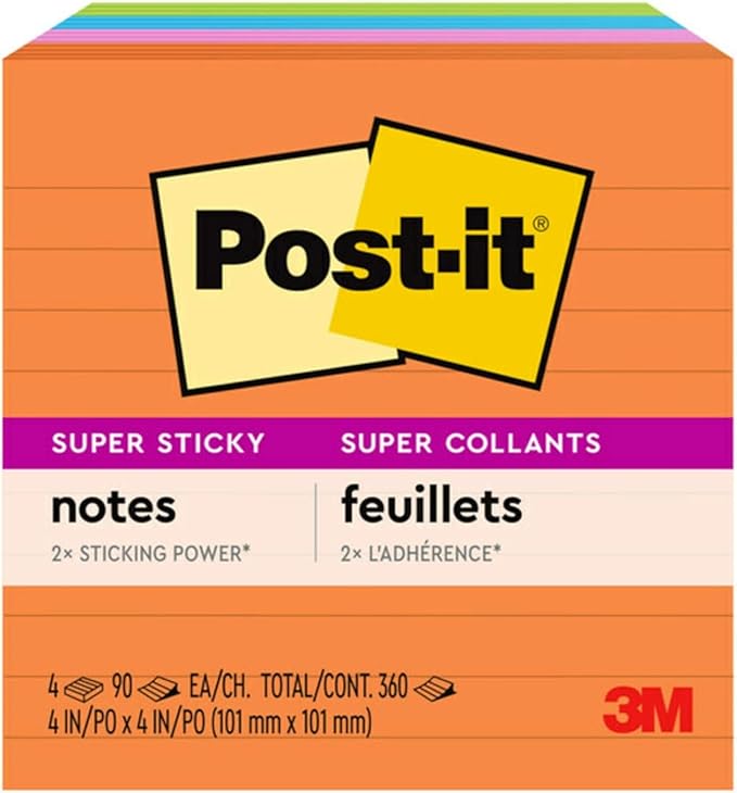 Post-it Super Sticky Notes, 4x4 in, 4 Pads, 2X The Sticking Power, Rio de Janerio Collection, Bright Colors (Orange, Pink, Blue, Green),Recyclable (675-4SSUC) (Pack of 6)
