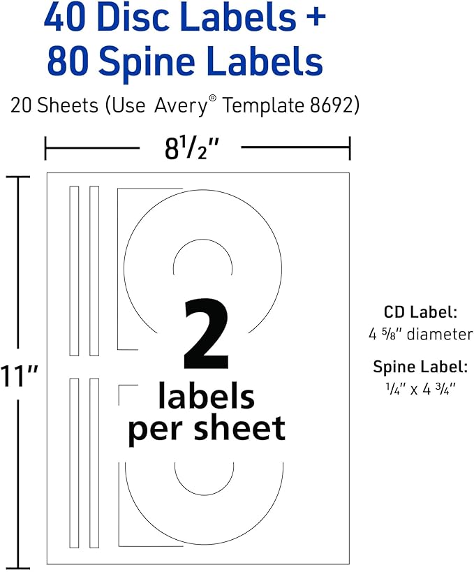 Avery Printable CD Labels, Matte White, Permanent Adhesive for Inkjet Printers, Includes 40 CD & 80 Spine Sticker Labels to Write On (8692)
